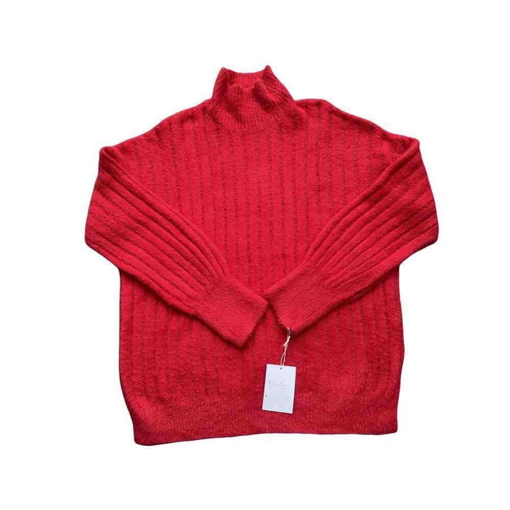 Jessica Simpson Holiday Red Fuzzy Mock-Neck Sweater Women’s Size S Knit Cozy